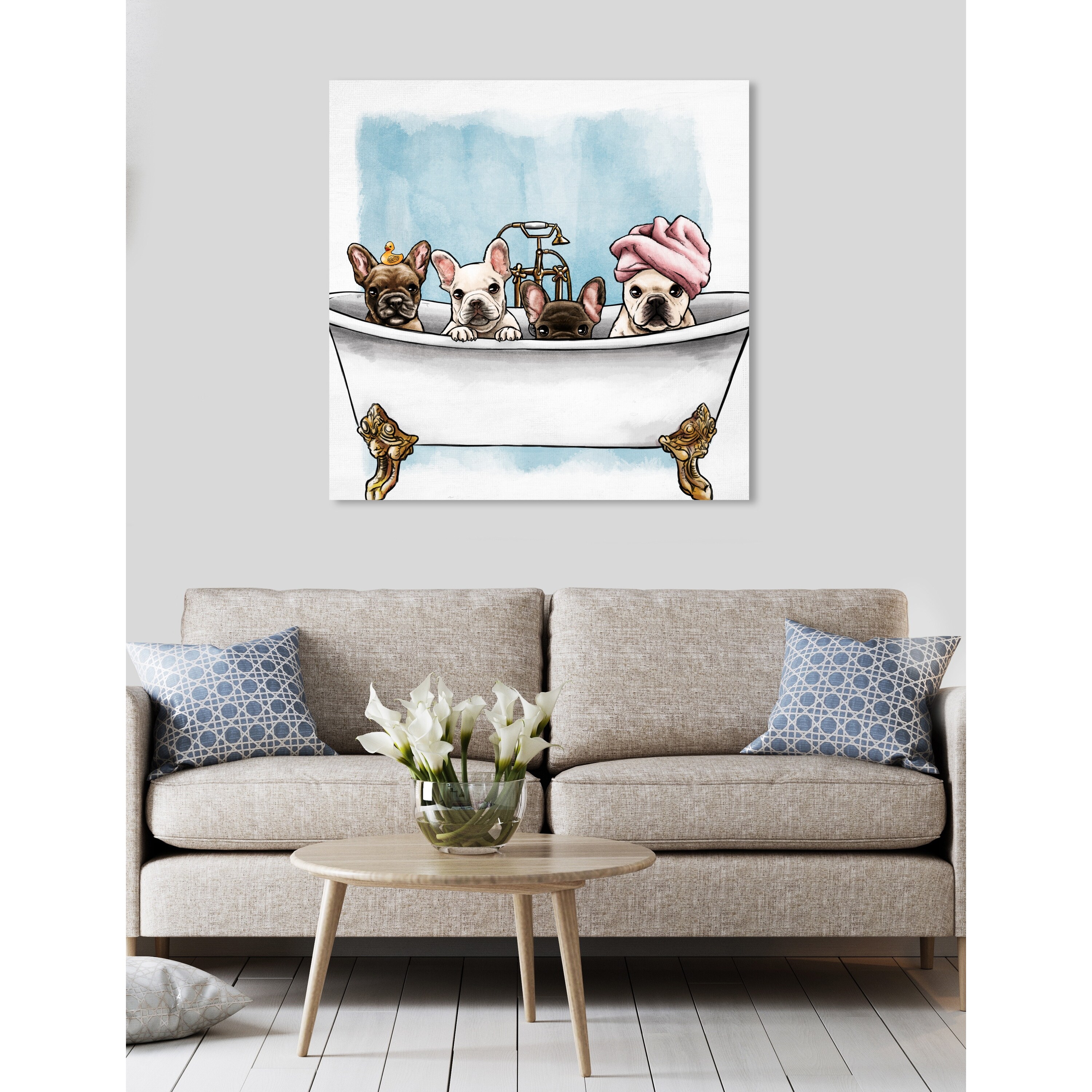 Oliver Gal 'Frenchies in The Tub' Animals Wall Art Canvas Print 