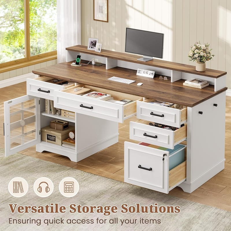 Executive Desk with Drawers Computer Desk File Drawers Power Outlet LED Lights Storage Cabinet