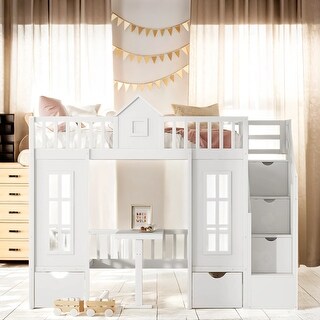 Twin-Over-Twin Wooden Bunk Bed with Stairs and Guardrails