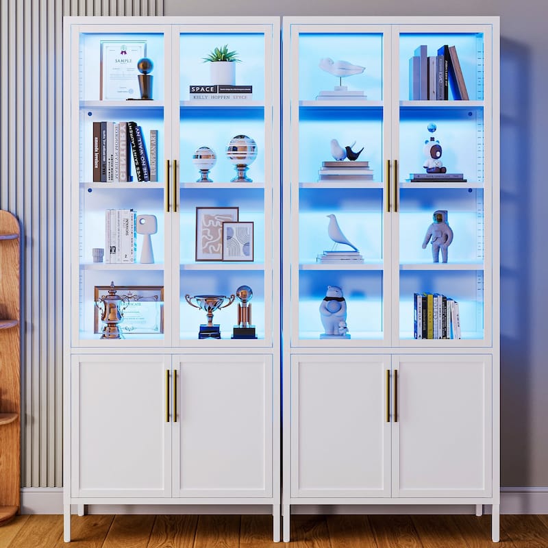 6-Tier Tempered Glass Curio Display Cabinet with 4 Doors, Adjustable Shelves, 13 Color Lights