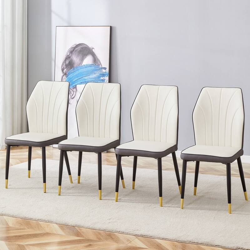 Roomfitters PU Dining Chairs with Patterned Back and Black Metal Legs, Set of 4 for Kitchen or Living Room - White+Gray