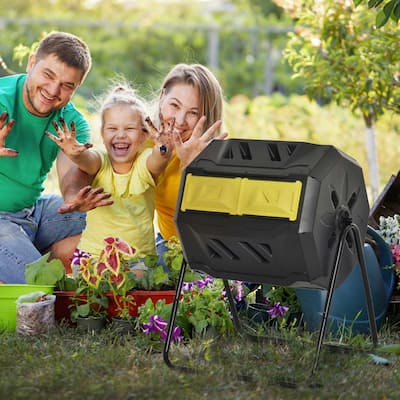 Outsunny Tumbling Compost Bin Outdoor Dual Chamber 360-deg Rotating Composter 43 Gallon w/ Sliding Doors & Solid Steel Frame