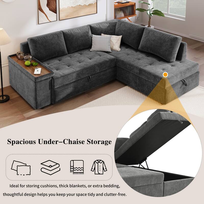 91.5" Polyester L-Shaped Sectional Sofa with Pull-Out Bed, Hidden Storage and Wide Storage Armrests