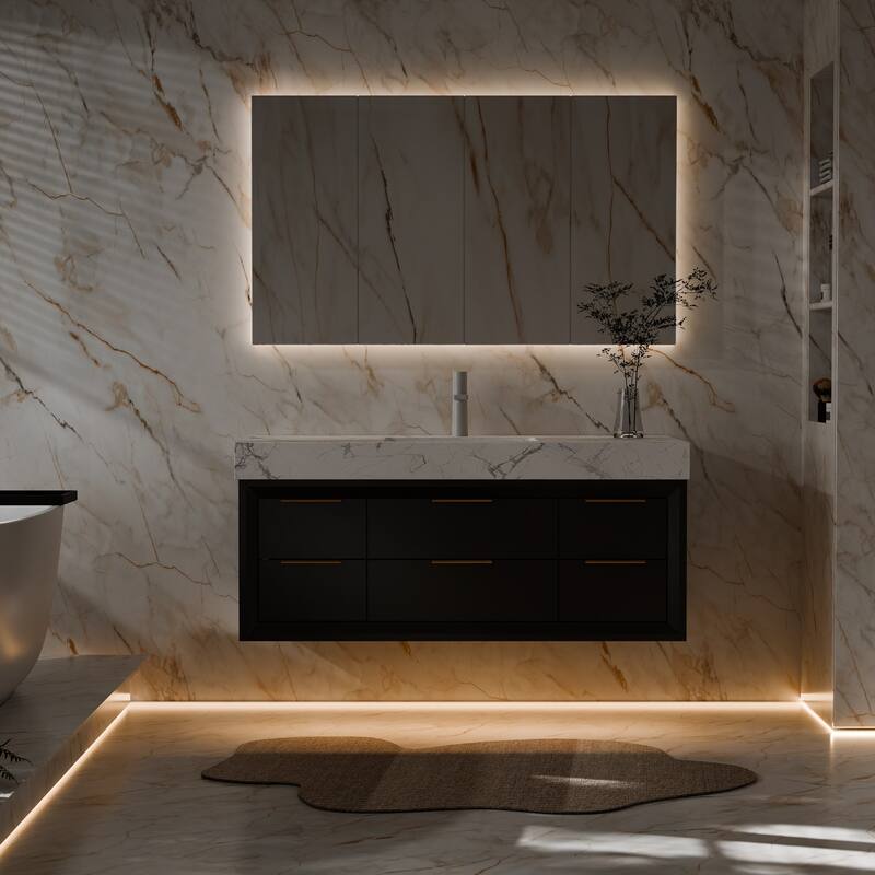 Modland 48" Modern Floating Bathroom Vanity with Single Sink, Soft-Close Drawers, White Stone Countertop