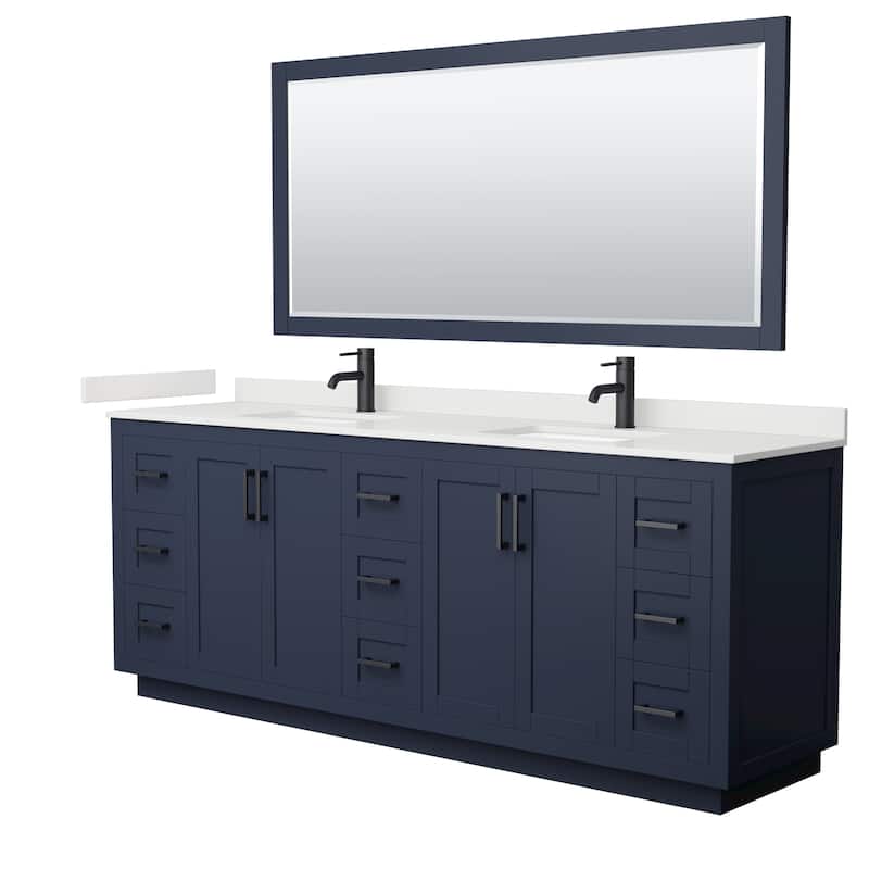 Miranda 84-inch Double Vanity, Quartz Top, 70-inch Mirror - Dark Blue, Black Trim, White Quartz Top