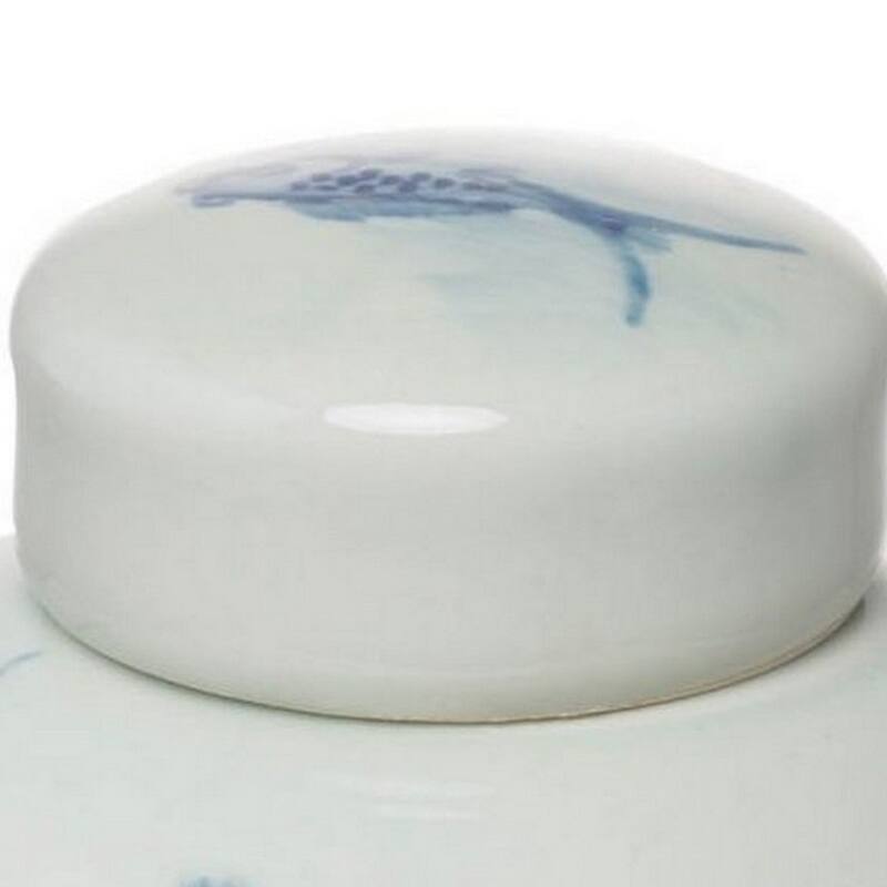 8 Inch Lidded Ginger Jar, Painted Koi Fish, White Blue Porcelain, Set of 2