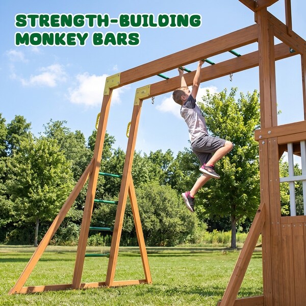 Cedar Wooden Swing Set with 8 ft Wave Slide, Monkey Bars