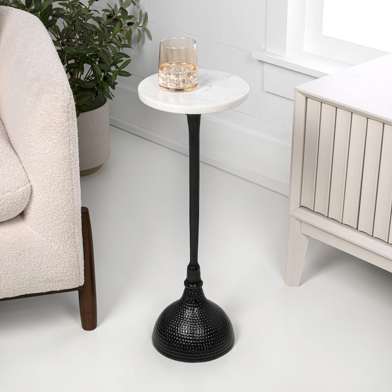 JONATHAN Y 23.75″ Metal Pedestal Drink, End Table w/ White Marble Round Top & Hammered Base