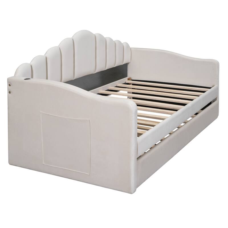 Velvet Twin Daybed with Trundle and Built-In USB Ports, Modern Upholstered Sofabed, Perfect for Guest Rooms