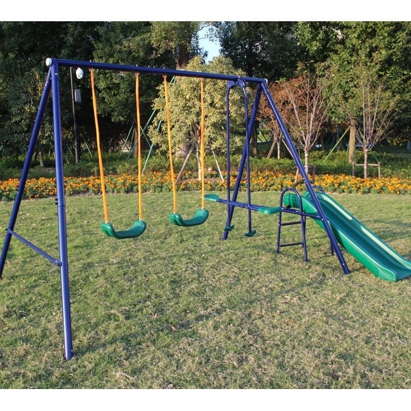 slide 2 of 9, Outdoor Backyard Children Metal Swing Activity Set with Slide, Glider Blue