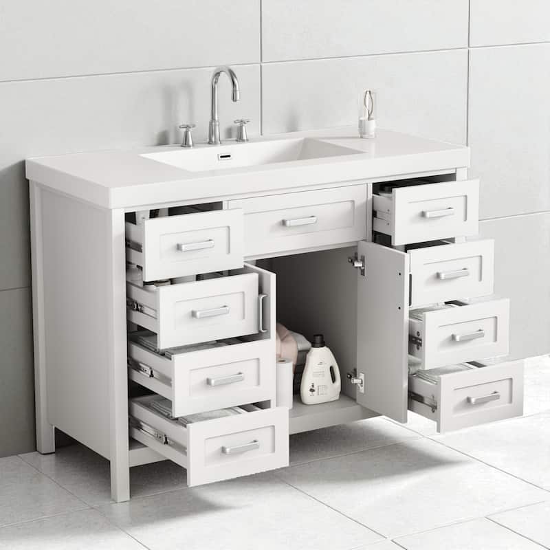 48" Freestanding Bathroom Vanity with Sink, 2 Doors, 8 Soft-Close Drawers, Resin Top and Storage Cabinet