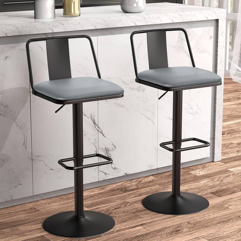 Metal Swivel Barstools Set of 2, PU Leather Seat with Back, Adjustable Height, Modern Counter Height Bar Stools for Kitchen - Grey