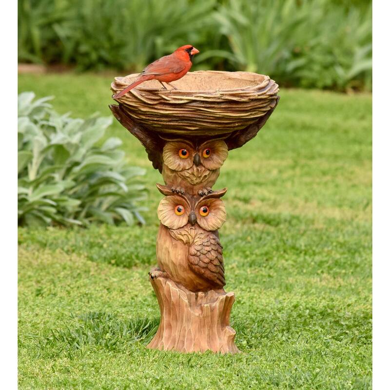 Carved Resin Owls Birdbath
