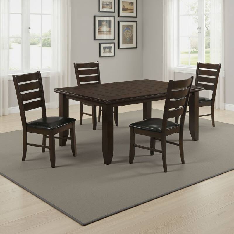 Diyi 5pc Dining Table and 4 Chairs Set w Ladder Back, Brown Faux Leather