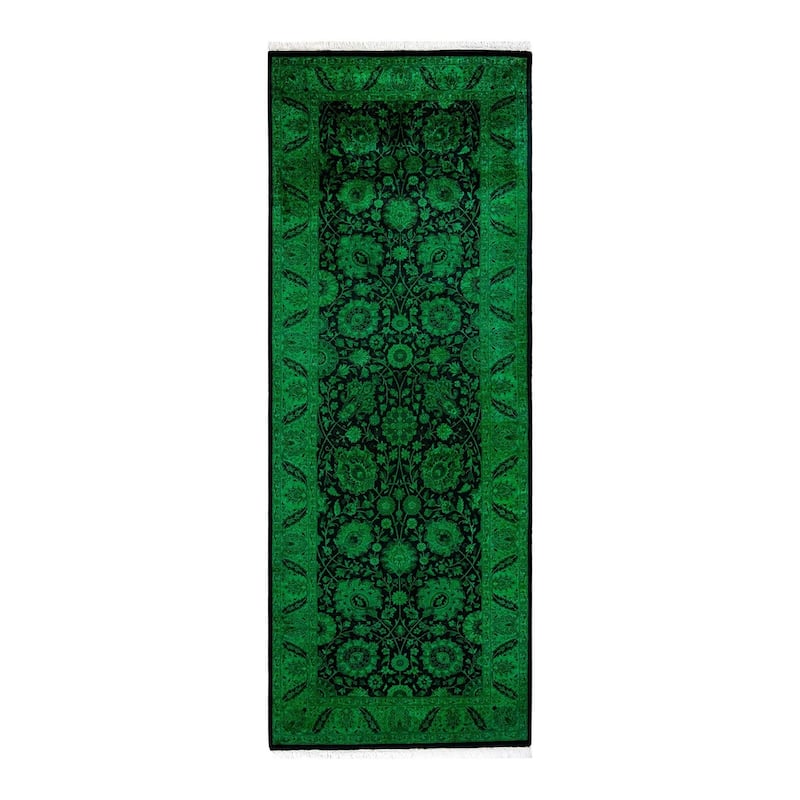 Overton Hand Knotted Wool Vintage Inspired Modern Contemporary Overdyed Green Runner Rug - 3' 0" x 8' 1"