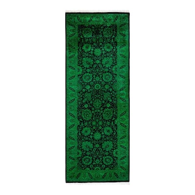 Overton Hand Knotted Wool Vintage Inspired Modern Contemporary Overdyed Green Runner Rug - 3' 0" x 8' 1"