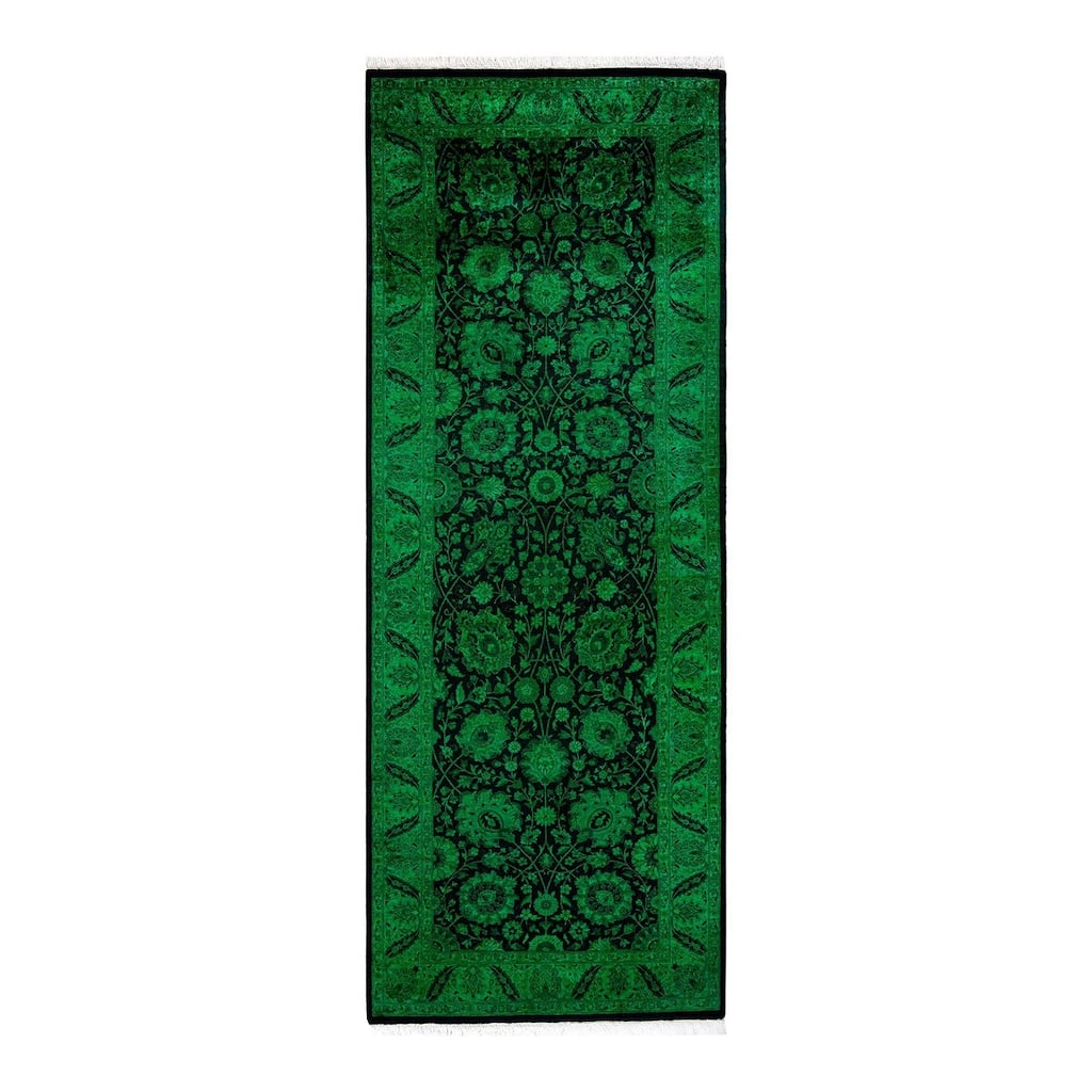 Overton Hand Knotted Wool Vintage Inspired Modern Contemporary Overdyed Green Runner Rug - 3' 0" x 8' 1"