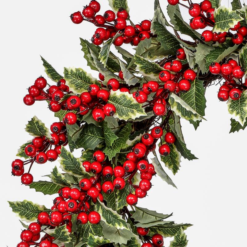 24" Berry Mixed Holly Wreath - Green Red - 24-Inch