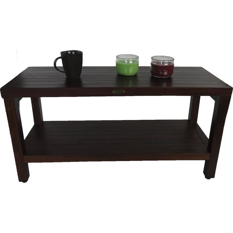 Compact Rectangular Teak Shower / Outdoor Bench with Shelf in Brown Finish