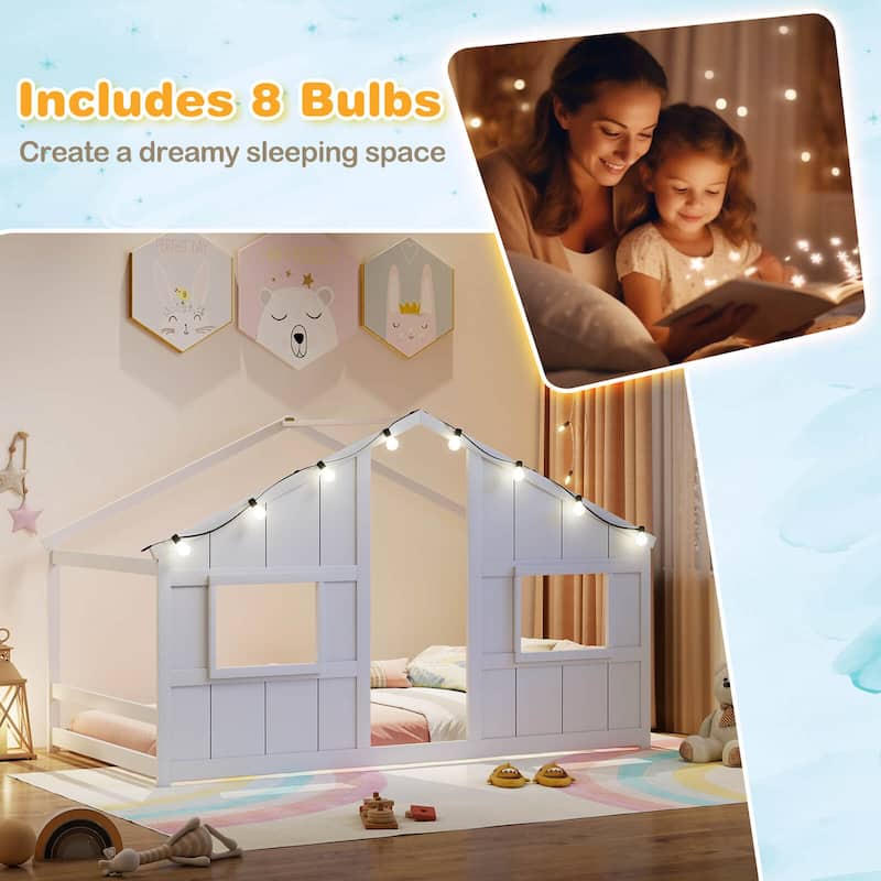 Costway Twin Size House Floor Bed with LED Lights Solid Wood Bed Frame