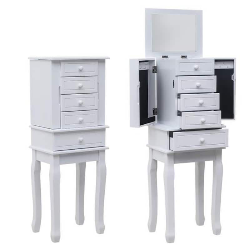 Standing Jewelry Armoire with Mirror, 5 Drawers & 14 Necklace Hooks, Jewelry Cabinet Chest with Removable Ring Storage Slot and