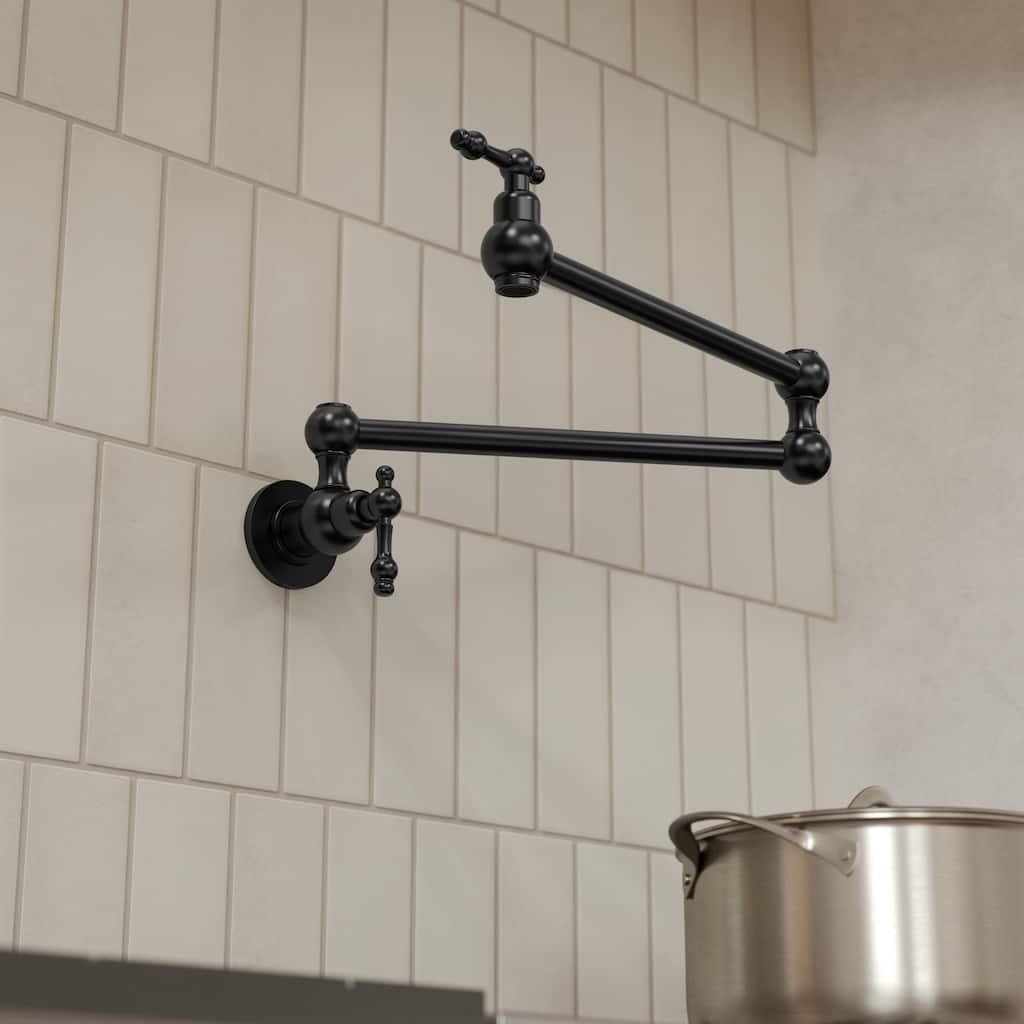 GRANDJOY Wall-Mount Pot Filler Faucet with 24-inch Dual Swivel Swing Arms and Double Handle Control