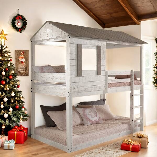 slide 2 of 7, Wooden Twin Over Twin Bunk Bed with Built-in Ladder,House-Shaped Design For Home White