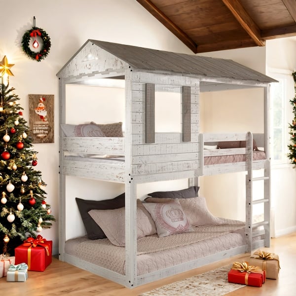 slide 2 of 7, Wooden Twin Over Twin Bunk Bed with Built-in Ladder,House-Shaped Design White
