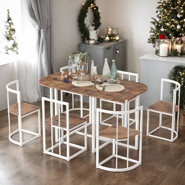 Modern 7-Piece Dining Table Set with Faux Marble Compact 55Inch Kitchen ...