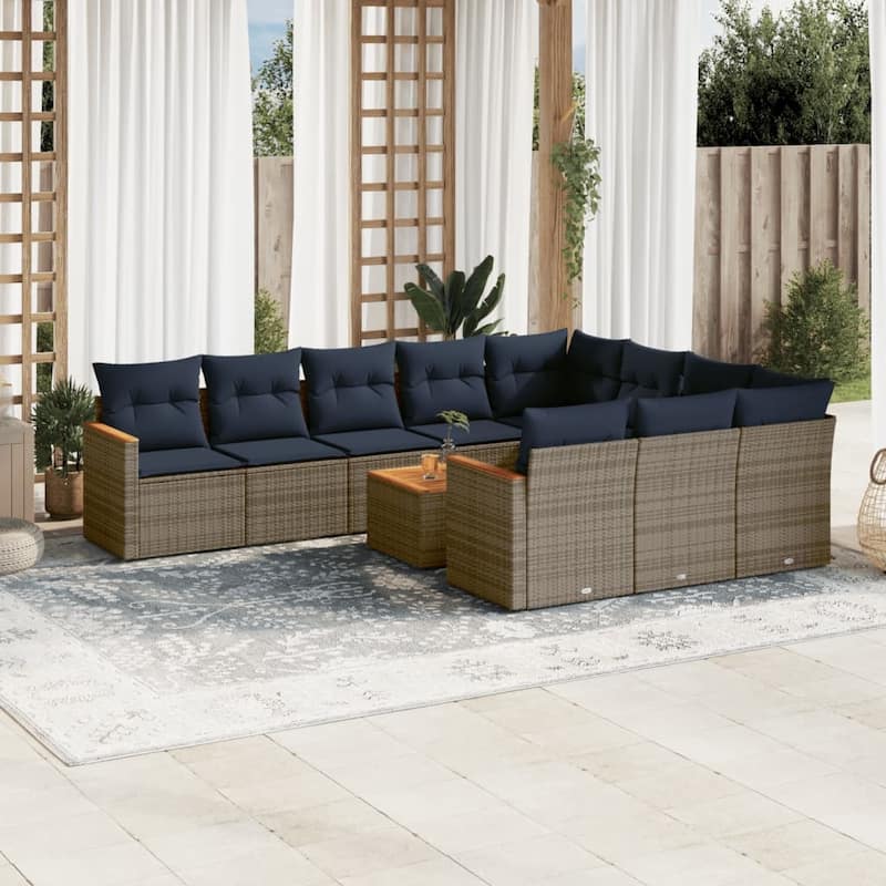 vidaXL 10/11 Piece Patio Sofa Set with Cushions Black/Gray Poly Rattan - 24.4 x 24.4 x 27.2 - Gray With table