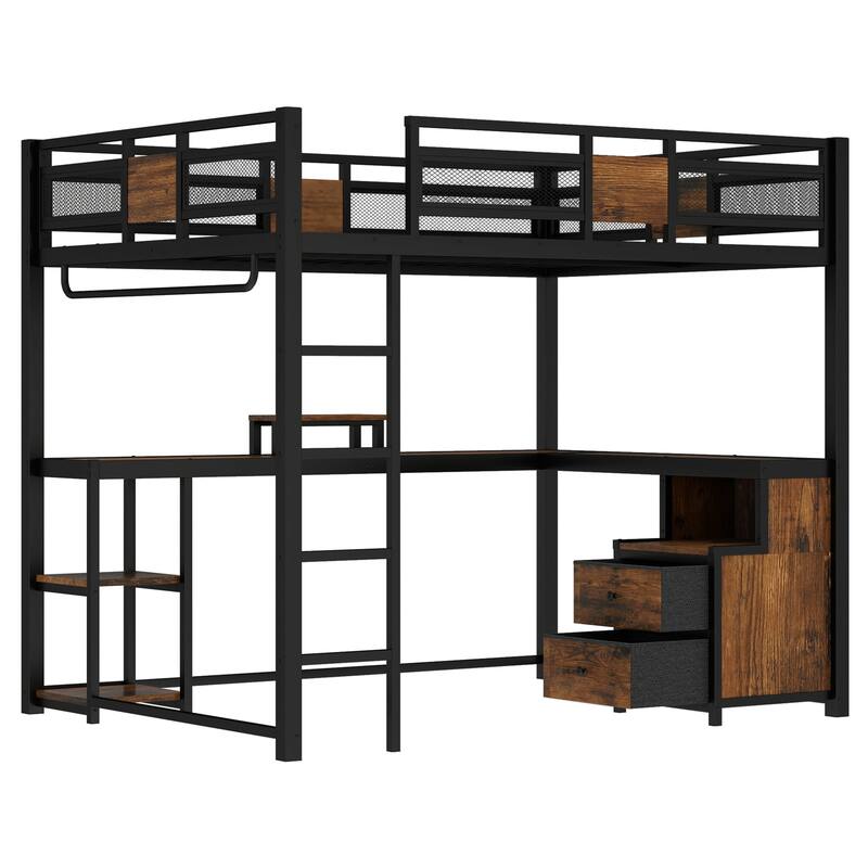 Queen Loft Bed with Desk and Storage Non-woven Fabric Drawers, Metal Loft Bed Frame with Ladders, Nosie-free
