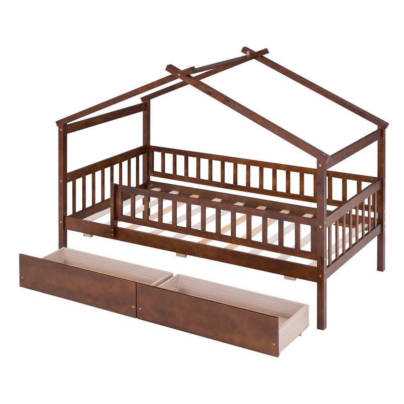 Kids Twin/Full Wooden House Bed with Roof and Storage Drawers, Solid Pine Frame