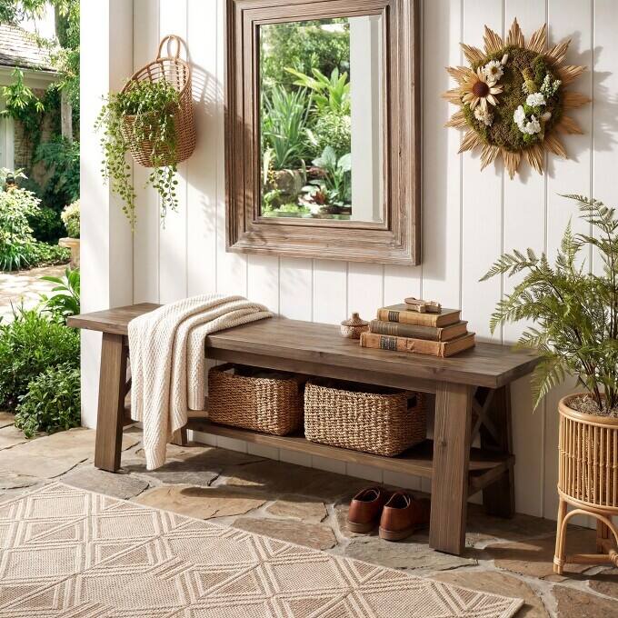 55" Solid Wood Entryway Shoe Bench, End of Bed Bench with Storage