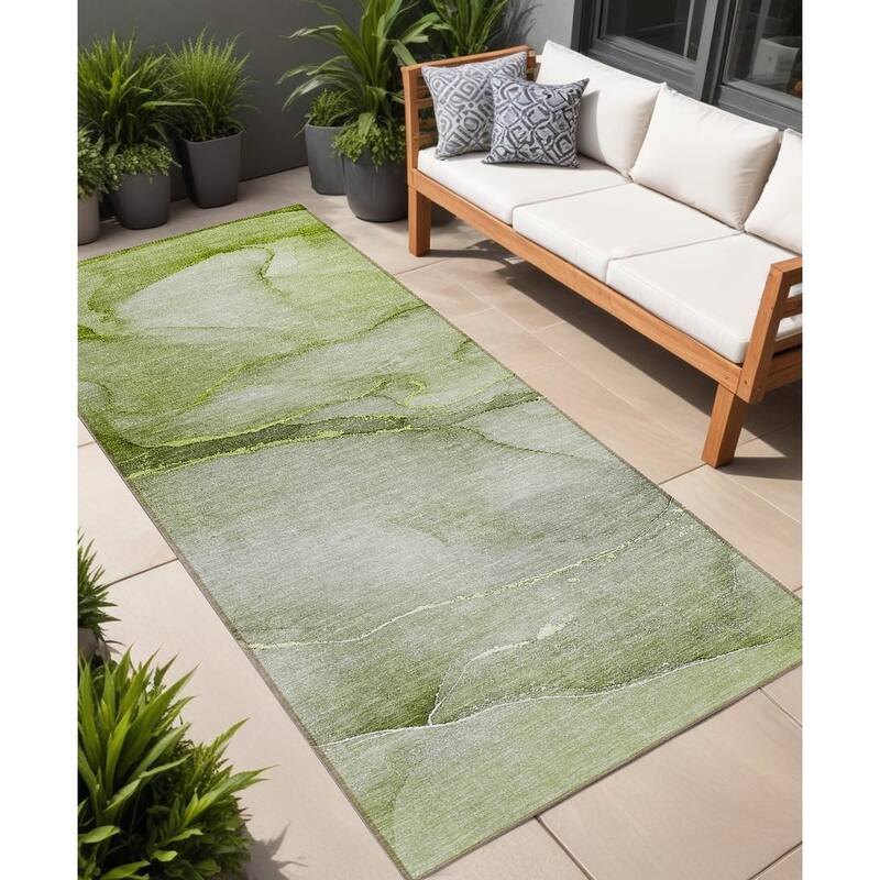Mato Contemporary Abstract Weather Resistant Blended Style Outdoor Rug - 8' Runner - Green