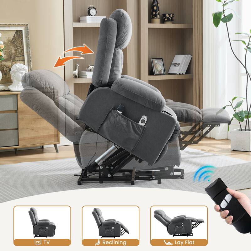 Power Lift Recliner Chair with Heat and Massage Electric Fabric Recliner Chair with Side Pocket, USB Charge Port, Remote Control