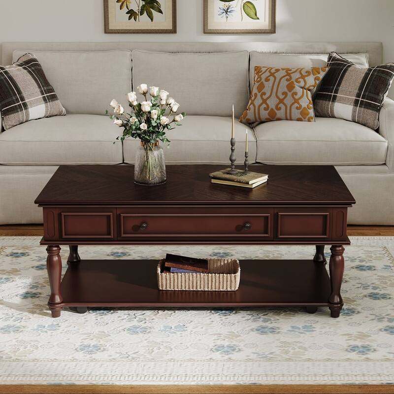Farmhouse 47.2" Coffee Table with Drawer, Retro Design Easy Assembly and Movable Lockable Wheels for Living Room - Espresso