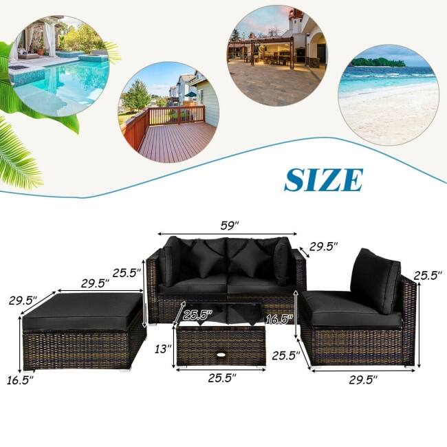 5 Pcs Outdoor Patio Rattan Furniture Set Sectional Conversation with Cushions - 29.5'' x 29.5'' x 25.5'' (L x W xH)