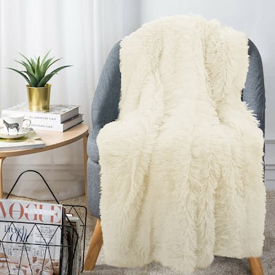 Plush Faux Fur Throw Blanket Reversible Beige