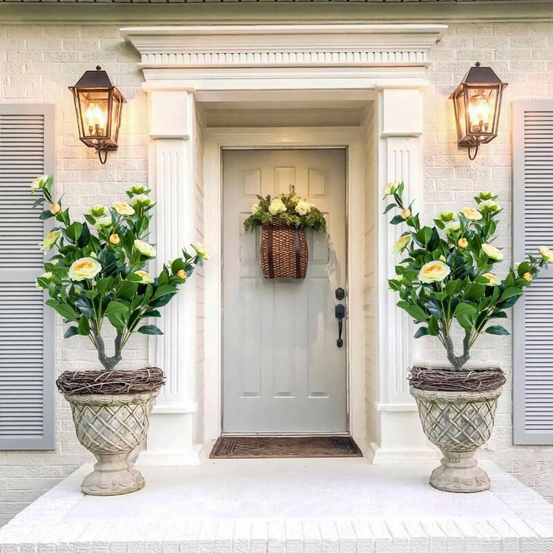 Set of 2/4 Artificial Topiary Ball Trees with Metal Stakes with Camellia Flowers