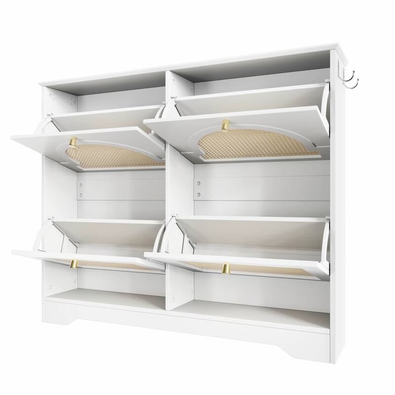 Mid-Century Narrow Design Tipping Bucket Shoe Cabinet with 4 Flip Drawers, Elegant Entryway Shoe Organizer with 4 Rattan Doors