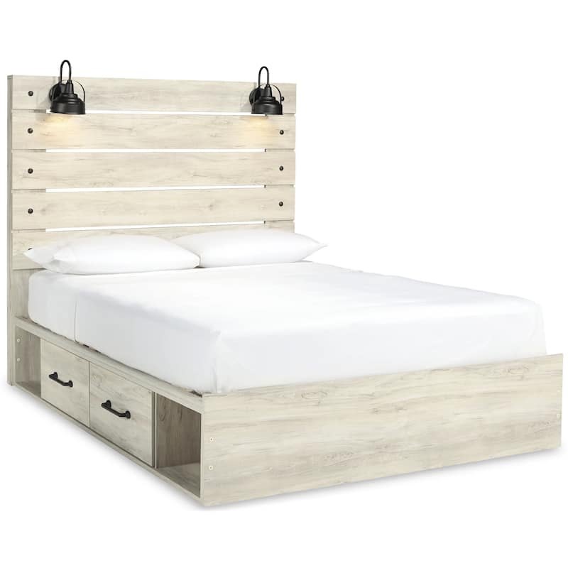 Cemy Rustic Queen Panel Bed, 2 Sconce Lights and Drawers, Whitewash