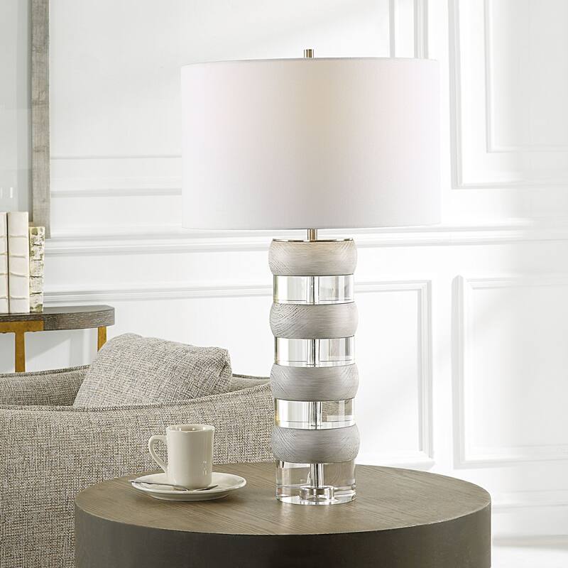 Stacked Thick Crystal Table Lamp with Drum Shade - 28" - White and Gray