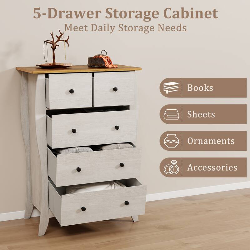 Gymax 2PCS 38'' Farmhouse Chest of Drawers w/ 5 Folding Fabric Drawers