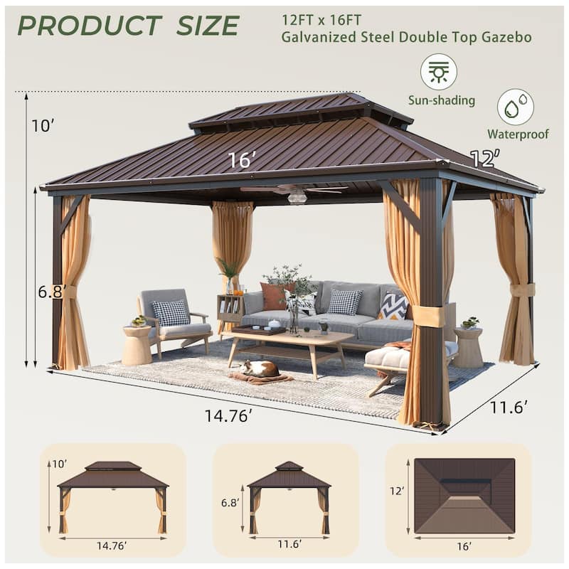 Hardtop Gazebo, Aluminum Frame Permanent Pavilion with Curtains and Netting, Outdoor Double Roof for Patios