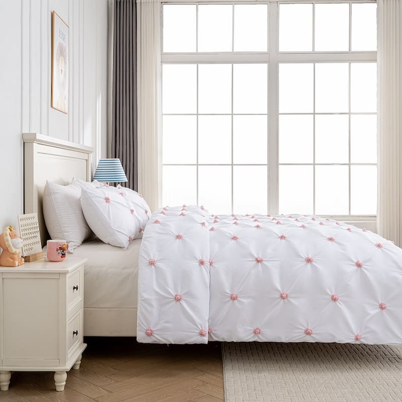 WHOLINENS Microsuede Embroidered Pinch Pleat Duvet Cover Set 3pcs