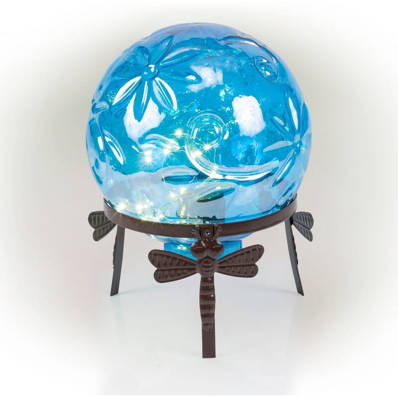 Alpine Corporation 13" Tall Indoor/Outdoor Pearlized Blue Glass LED Gazing Globe with Stand