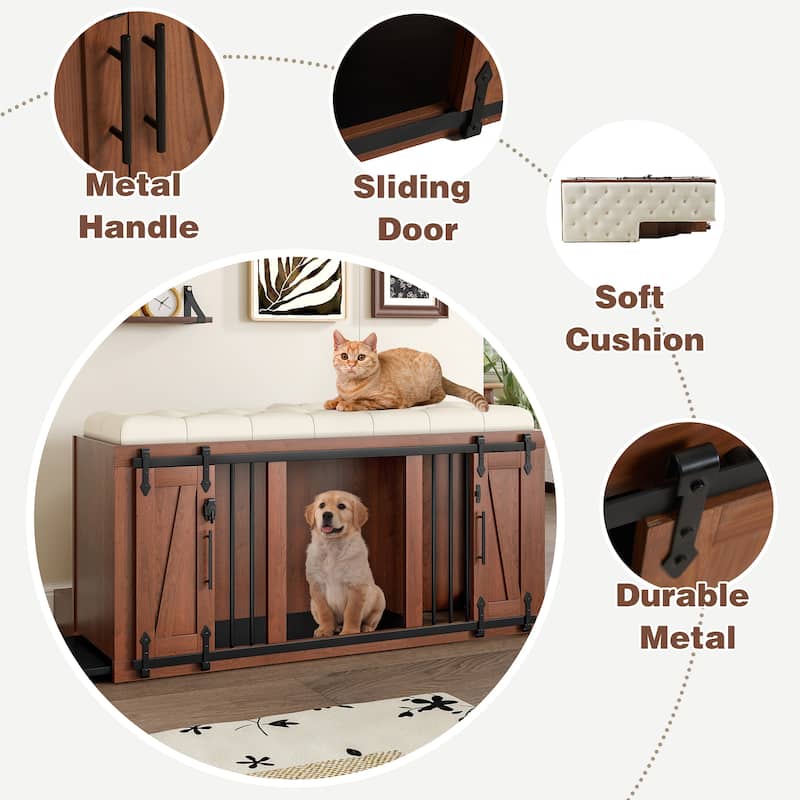 56" Wooden Dog Kennel with Designed Pet Stairs, Sliding Barn Door, Removable Cushion