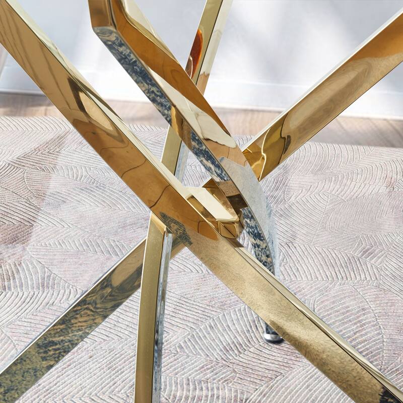 Contemporary Square Clear Dining Tempered Glass Table with Gold Finish Stainless Steel Legs - Transparent+Gold
