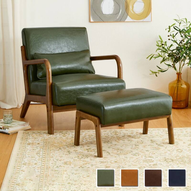Glitzhome 30.75"H Mid-Century PU Leather Armchair with Ottoman Set