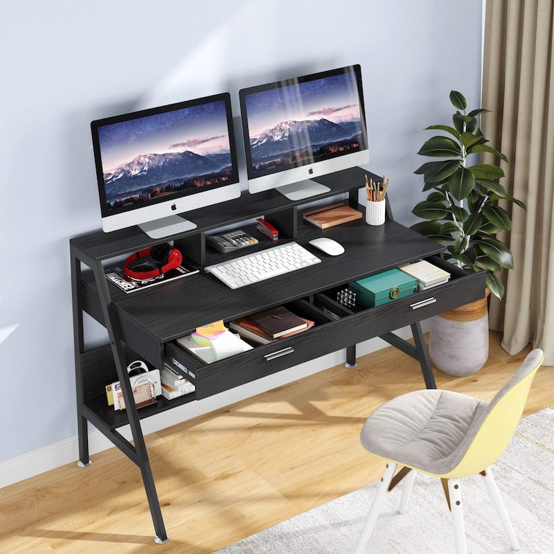 47 Inch Computer Desk with Drawers and Storage Monitor Hutch Shelf